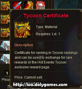 LOA Tycoon #1 reward - Tycoon Certificate